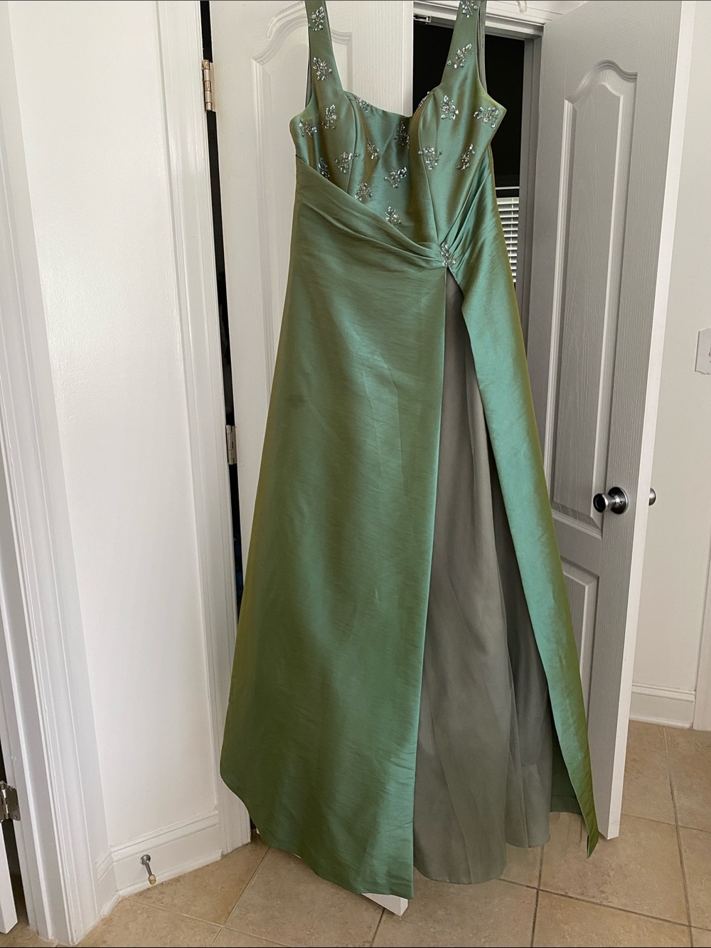 Sage Green Beaded Prom Gown with Draped Front and Scoop Neck